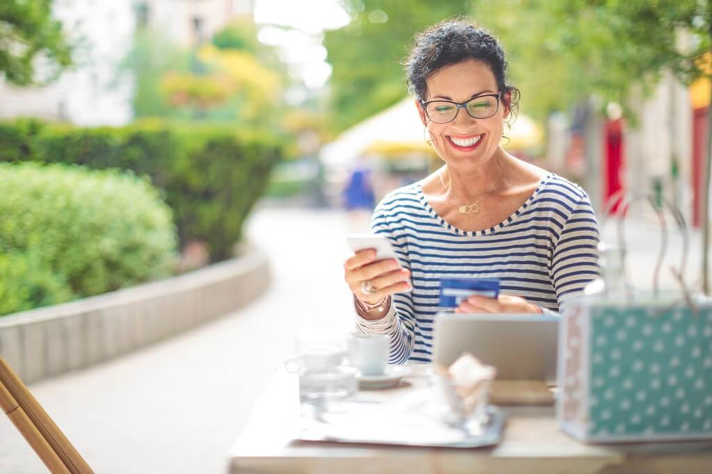 woman looking at her credit score