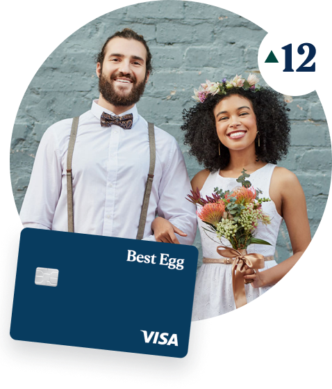 husband and wife holding flowers with their best egg visa card