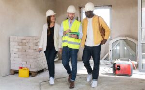 Team of three on a construction site discussing a home addition on a device.