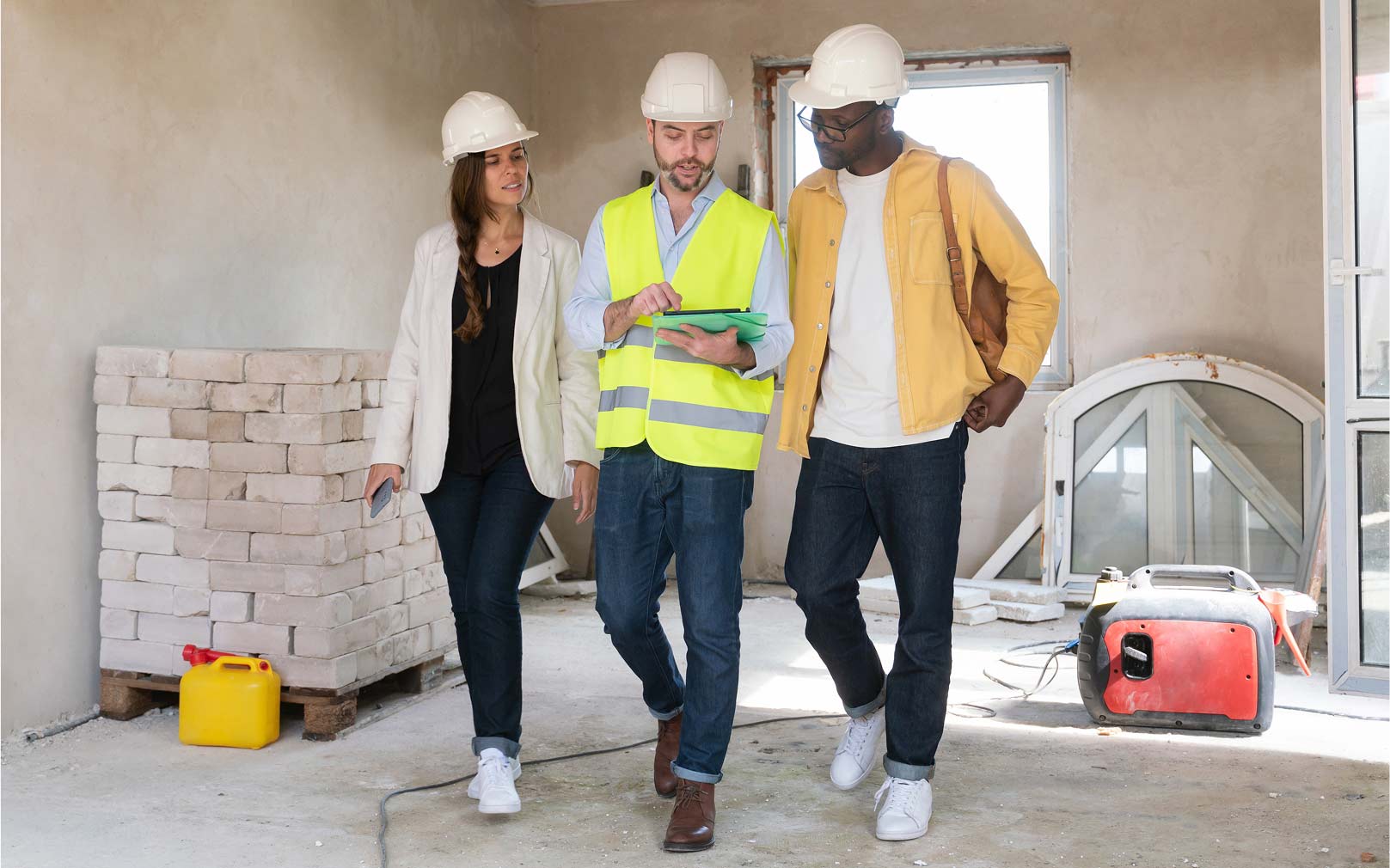 Team of three on a construction site discussing a home addition on a device.