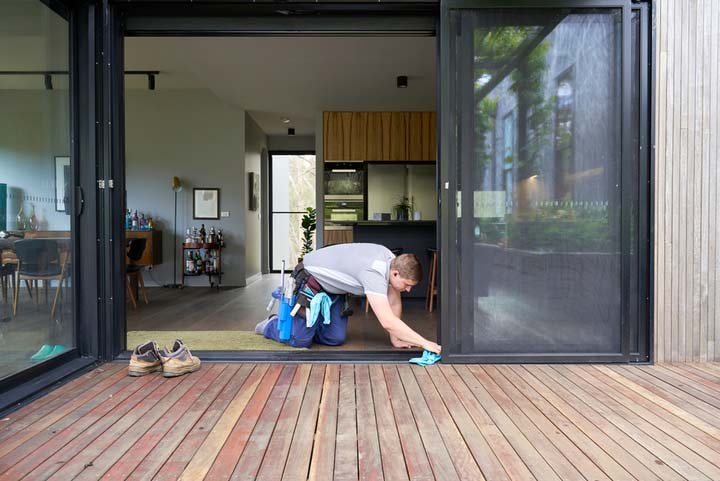 man doing home maintenance during the summer