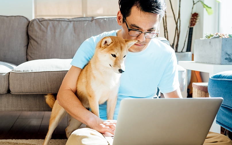 Man on computer with dog in lap